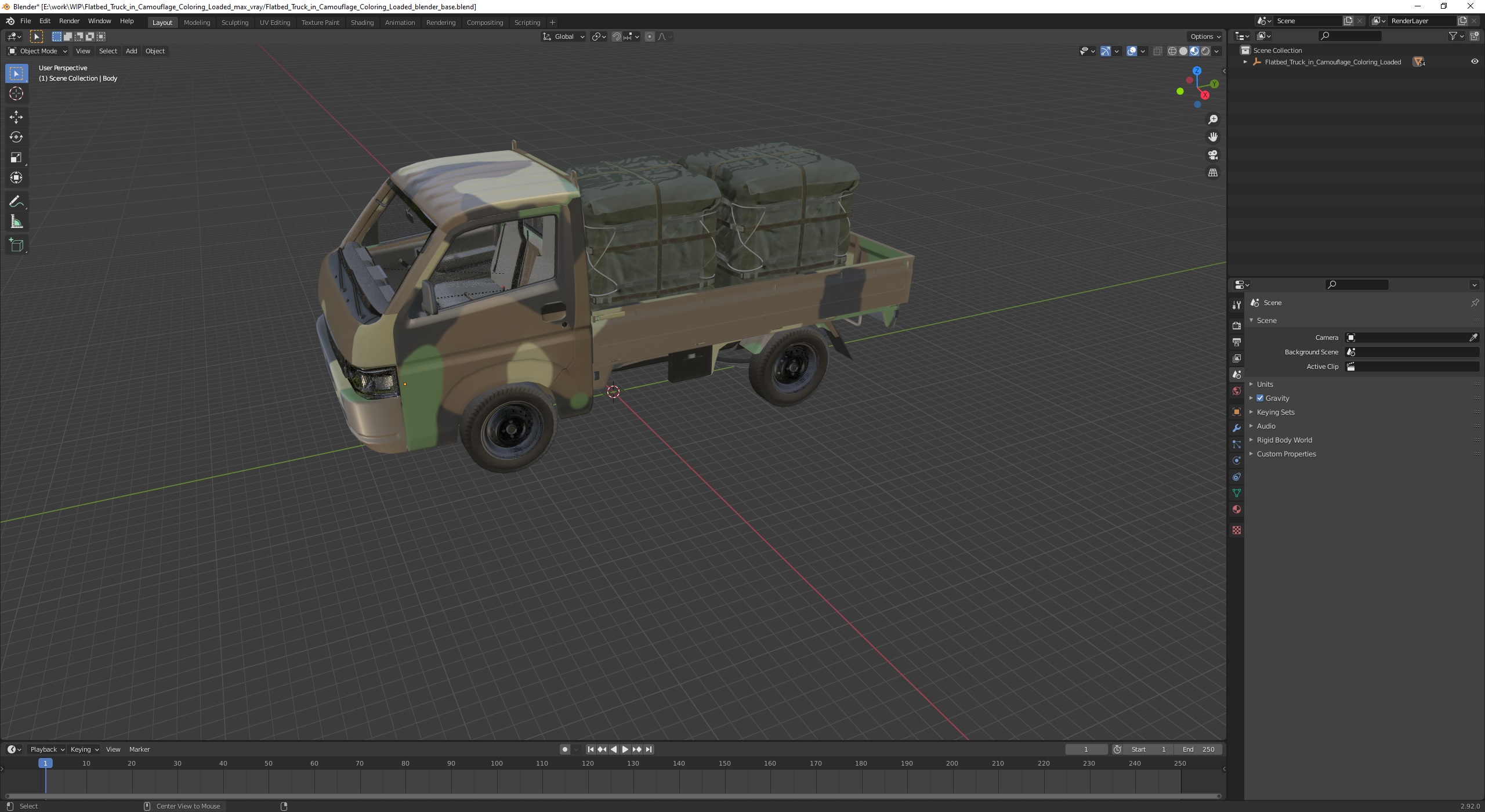 3D Flatbed Truck in Camouflage Coloring Loaded model