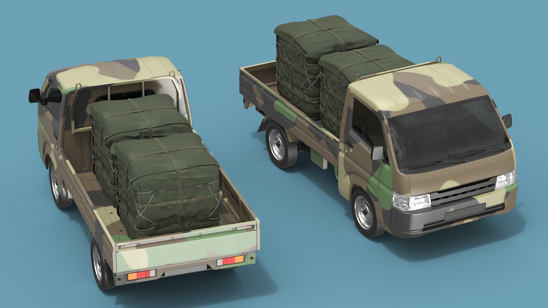 3D Flatbed Truck in Camouflage Coloring Loaded model