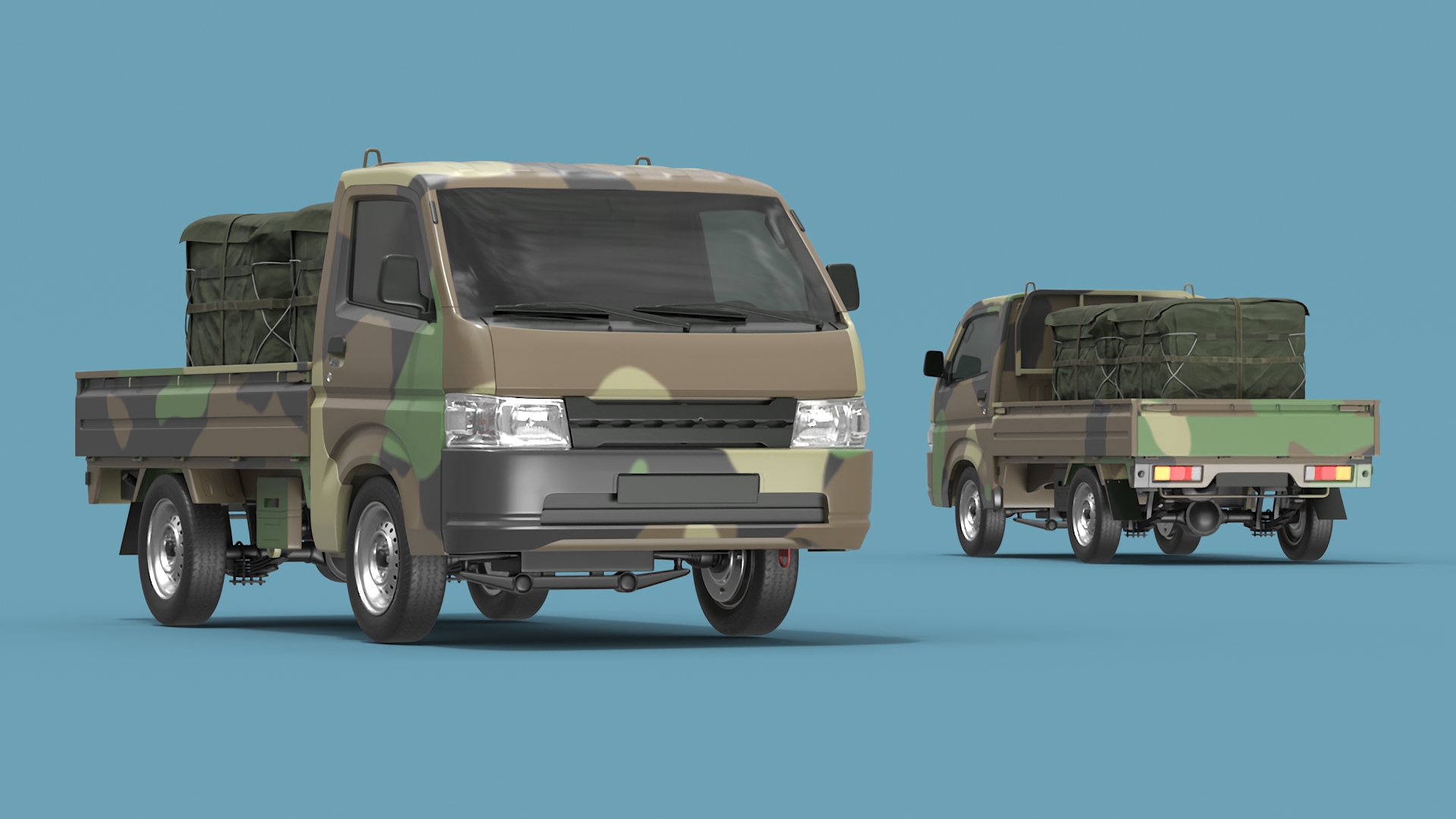 3D Flatbed Truck in Camouflage Coloring Loaded model