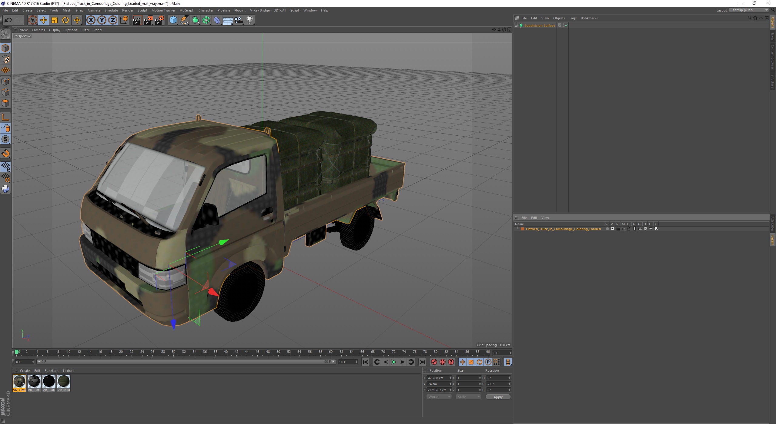 3D Flatbed Truck in Camouflage Coloring Loaded model