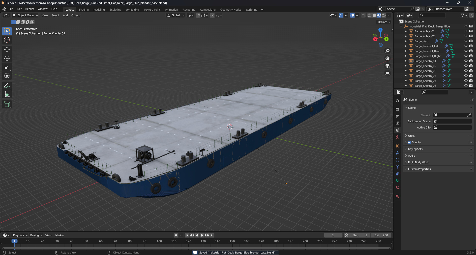 3D Industrial Flat Deck Barge Blue