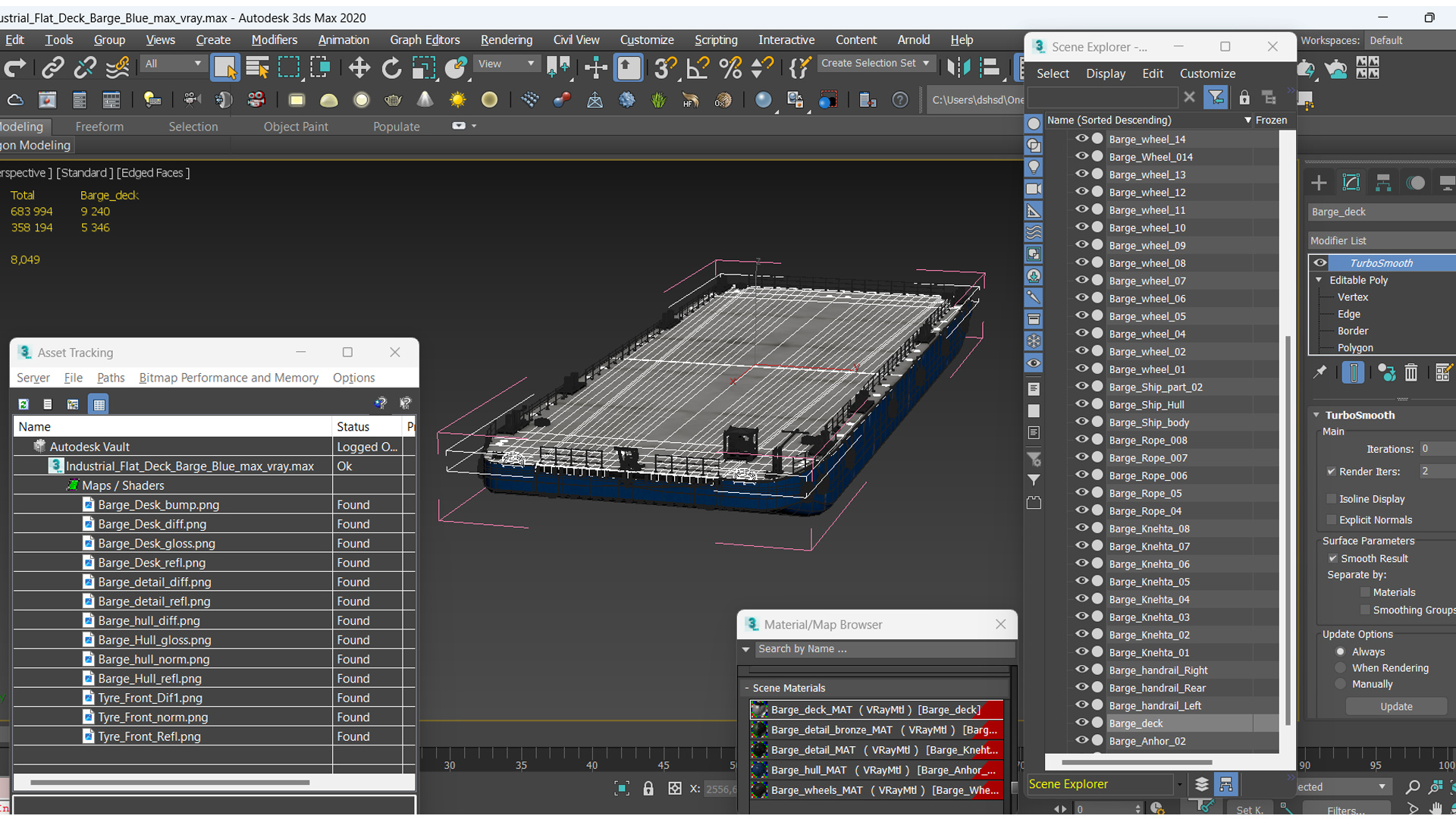 3D Industrial Flat Deck Barge Blue