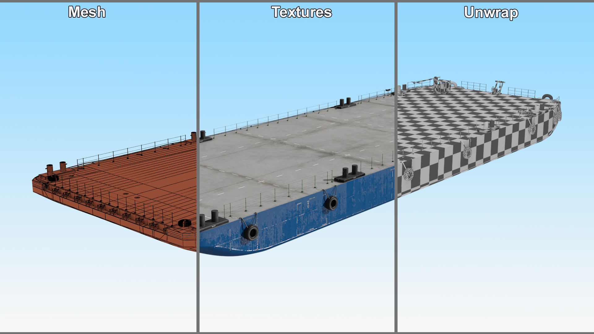 3D Industrial Flat Deck Barge Blue