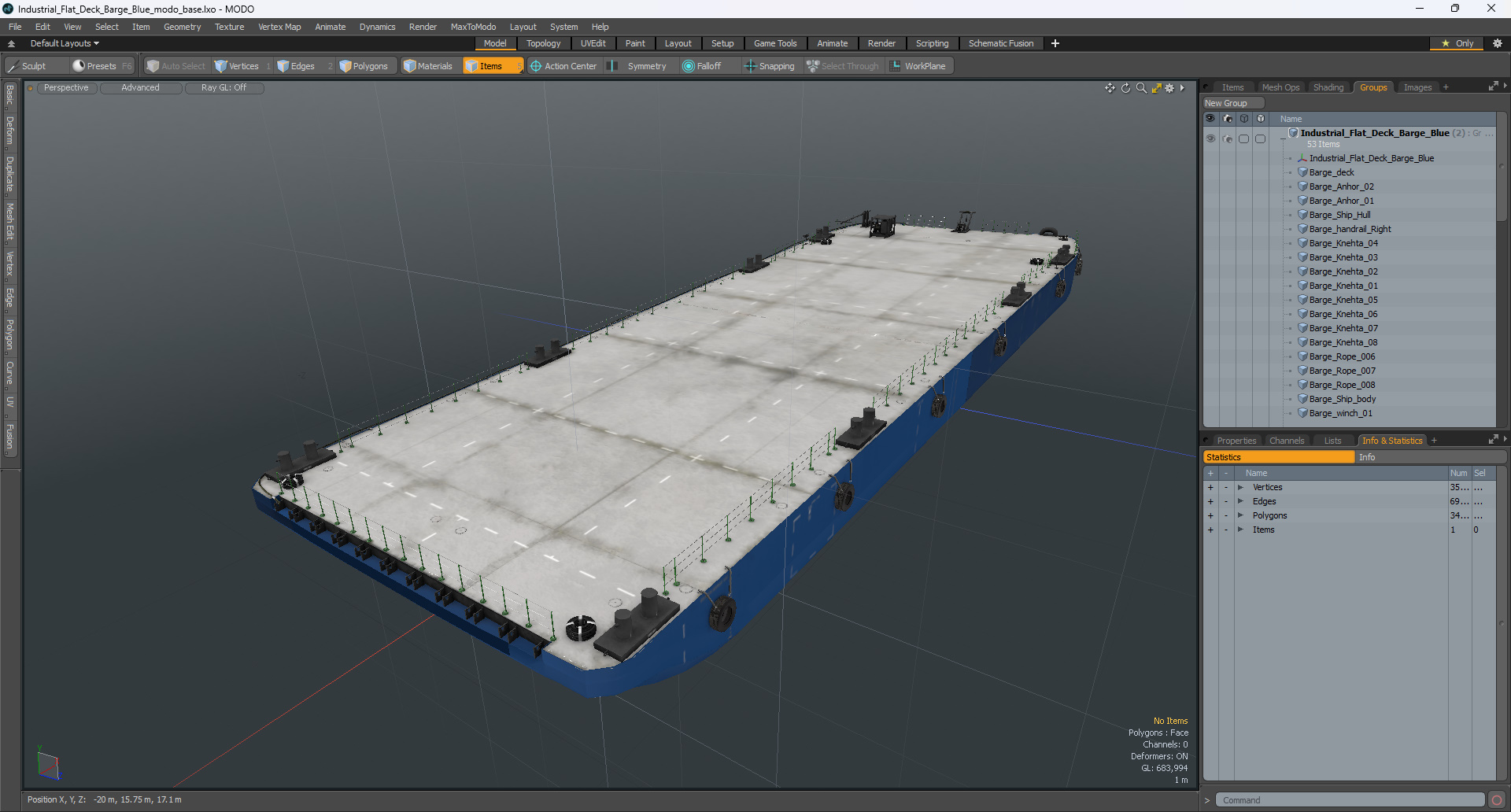 3D Industrial Flat Deck Barge Blue