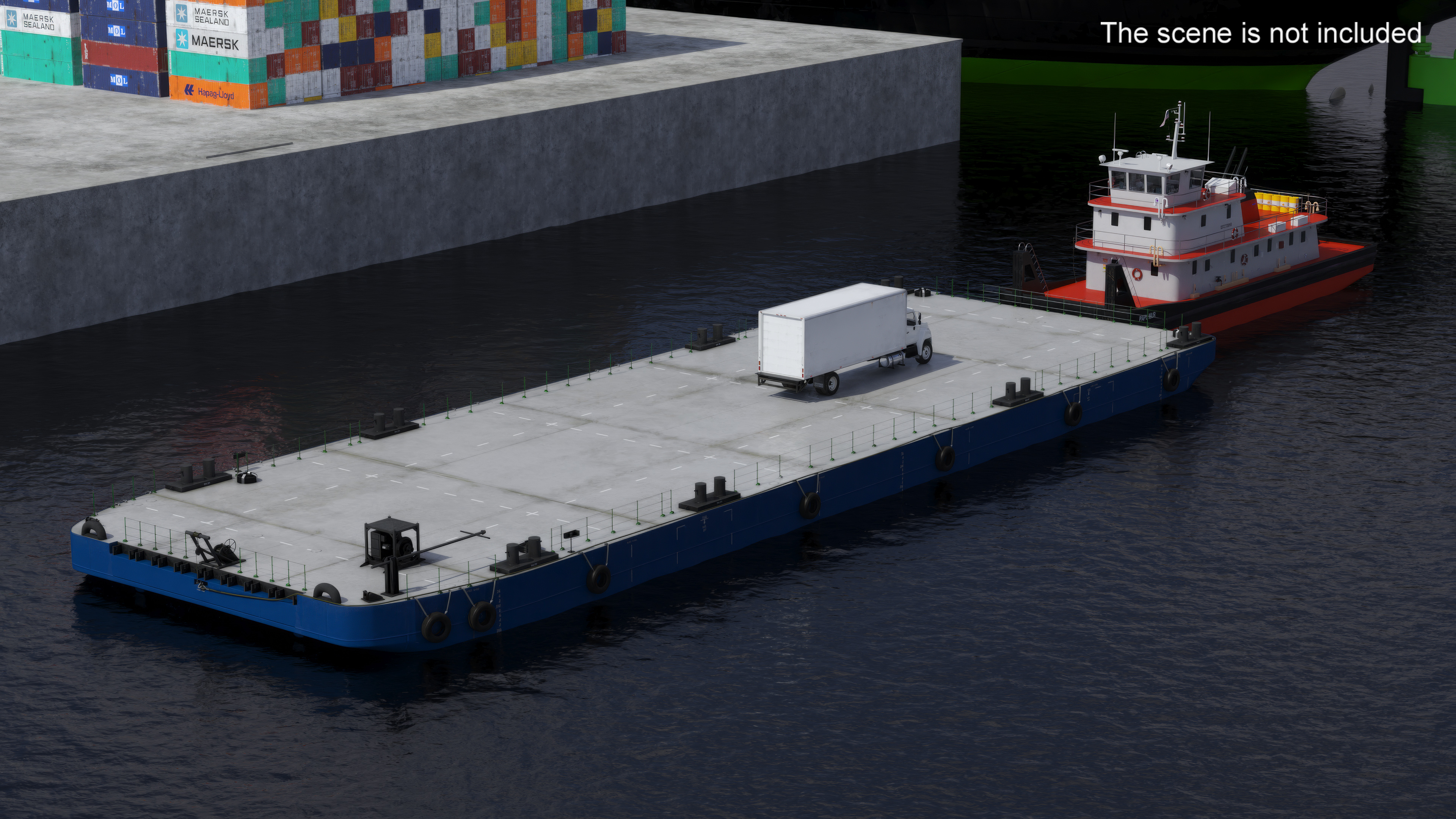 3D Industrial Flat Deck Barge Blue