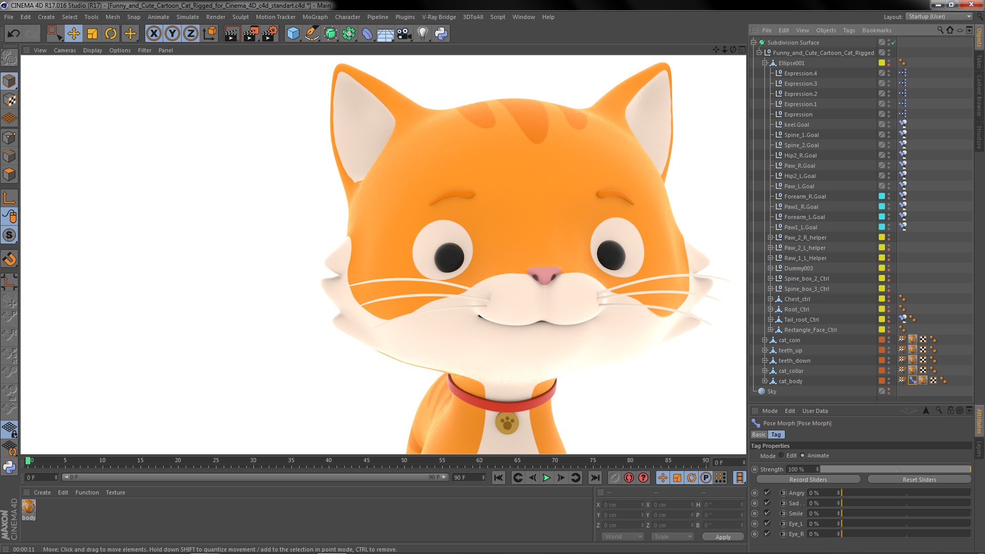 Funny and Cute Cartoon Cat Rigged for Cinema 4D 3D