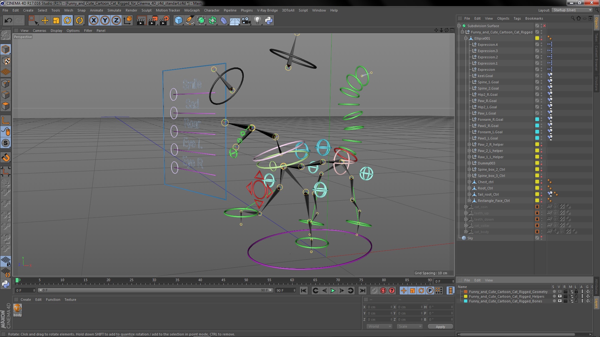 Funny and Cute Cartoon Cat Rigged for Cinema 4D 3D