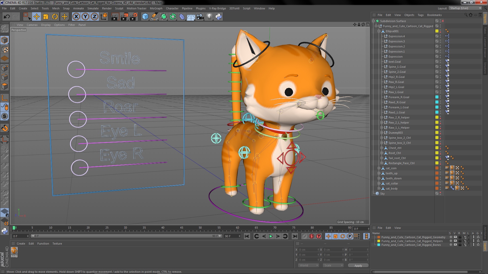 Funny and Cute Cartoon Cat Rigged for Cinema 4D 3D