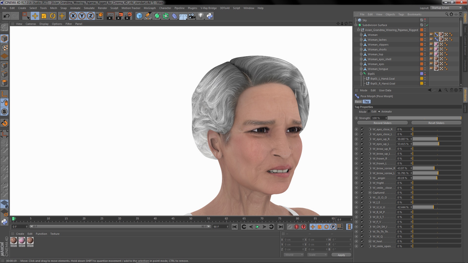 3D model Asian Grandma Wearing Pajamas Rigged for Cinema 4D