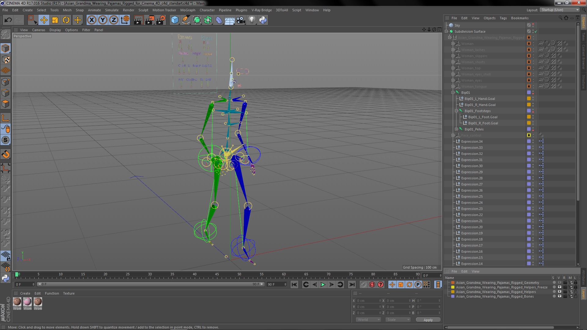 3D model Asian Grandma Wearing Pajamas Rigged for Cinema 4D