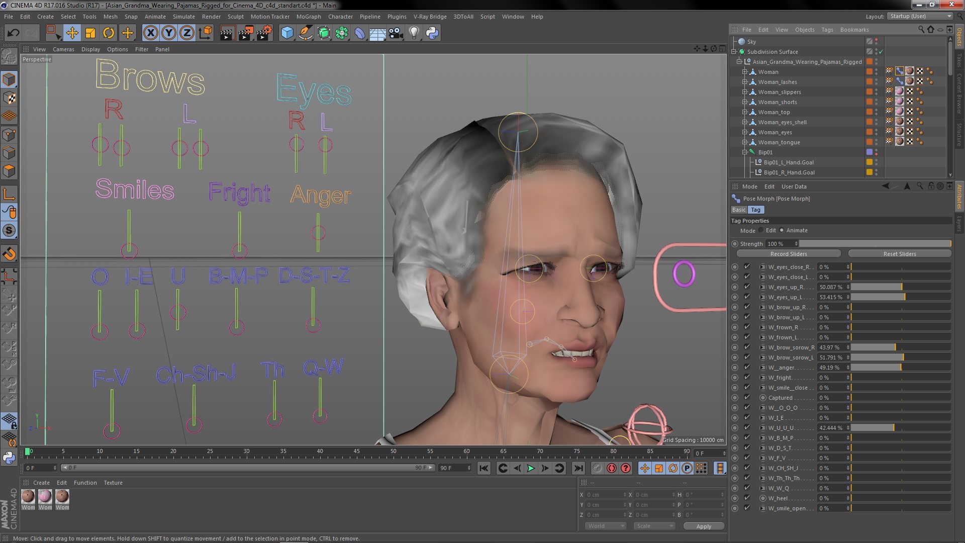 3D model Asian Grandma Wearing Pajamas Rigged for Cinema 4D