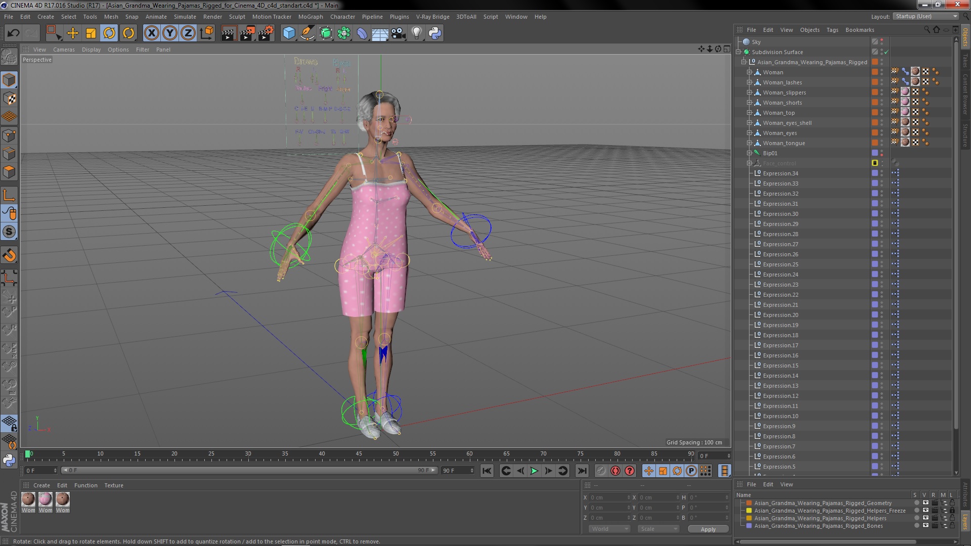 3D model Asian Grandma Wearing Pajamas Rigged for Cinema 4D