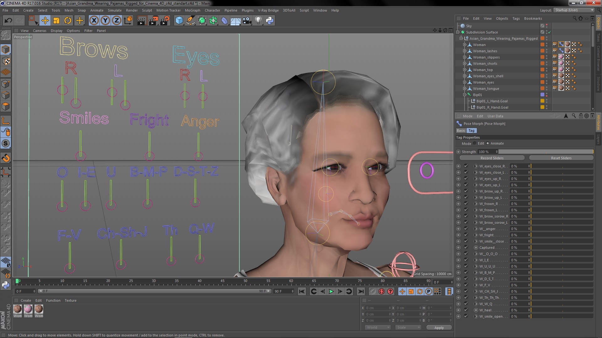 3D model Asian Grandma Wearing Pajamas Rigged for Cinema 4D