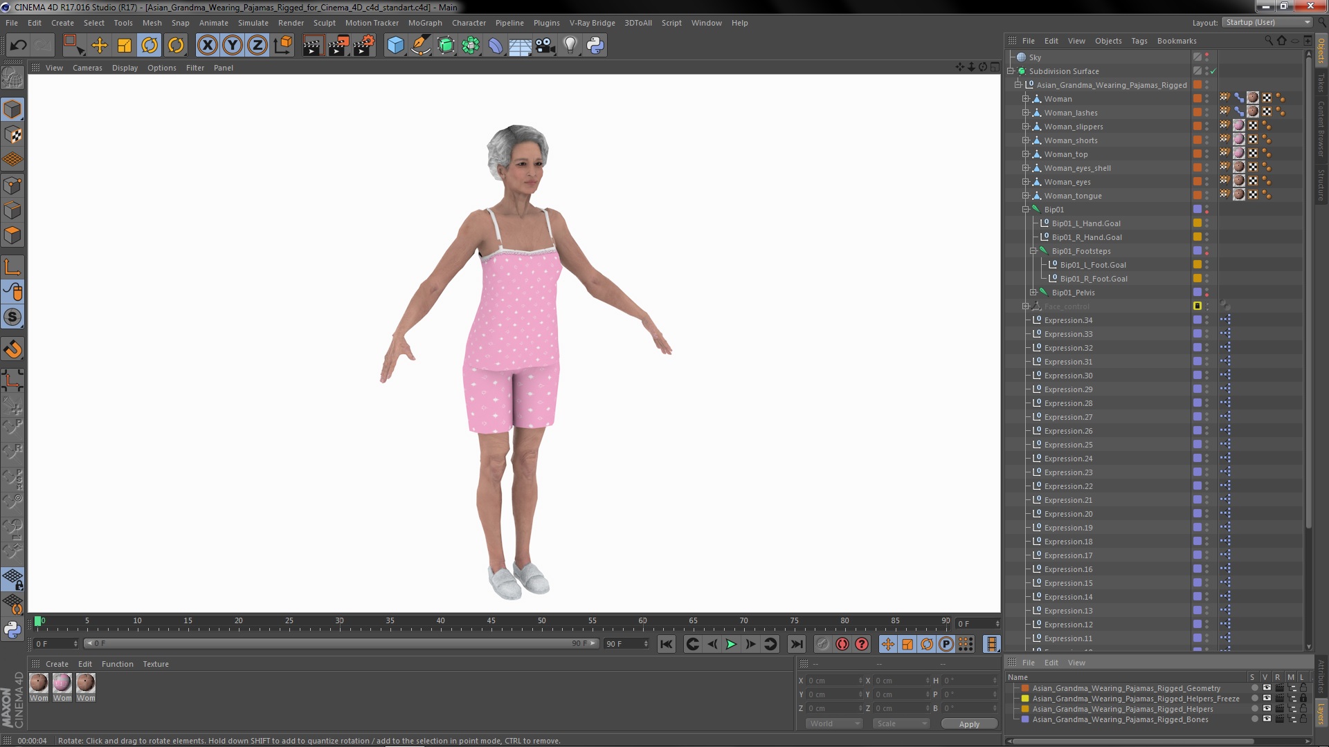 3D model Asian Grandma Wearing Pajamas Rigged for Cinema 4D