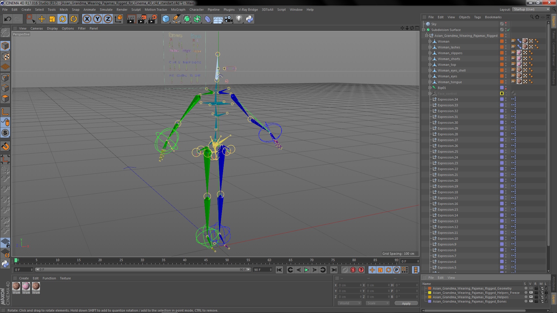 3D model Asian Grandma Wearing Pajamas Rigged for Cinema 4D