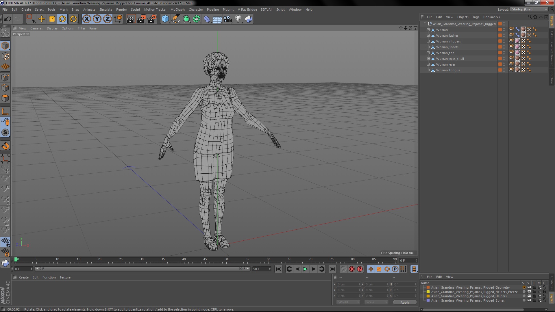 3D model Asian Grandma Wearing Pajamas Rigged for Cinema 4D