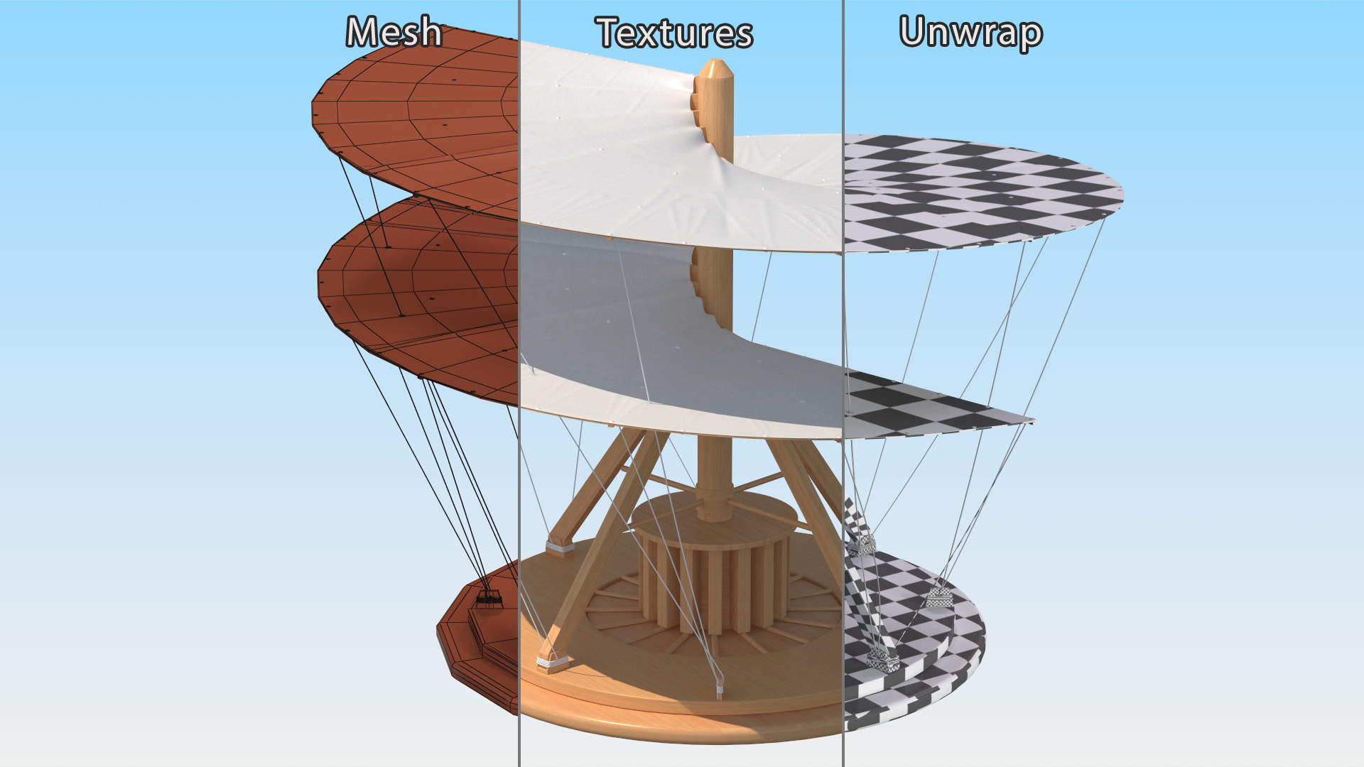 3D model Leonardo Da Vinci Helicopter Wooden Concept Rigged