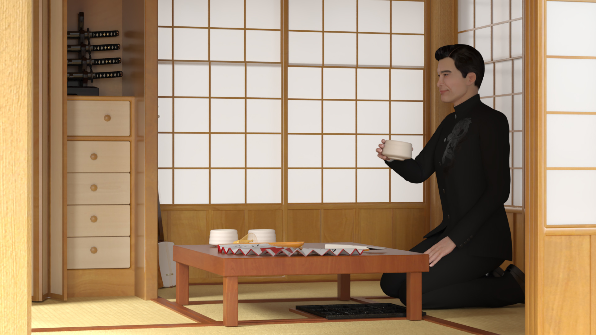 3D Japanese Man Having Tea in Traditional Tea House model