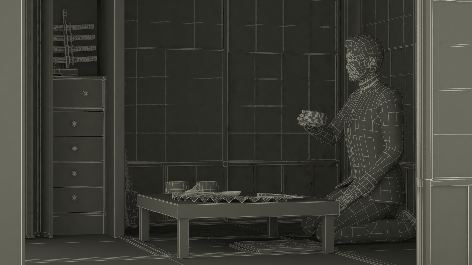 3D Japanese Man Having Tea in Traditional Tea House model