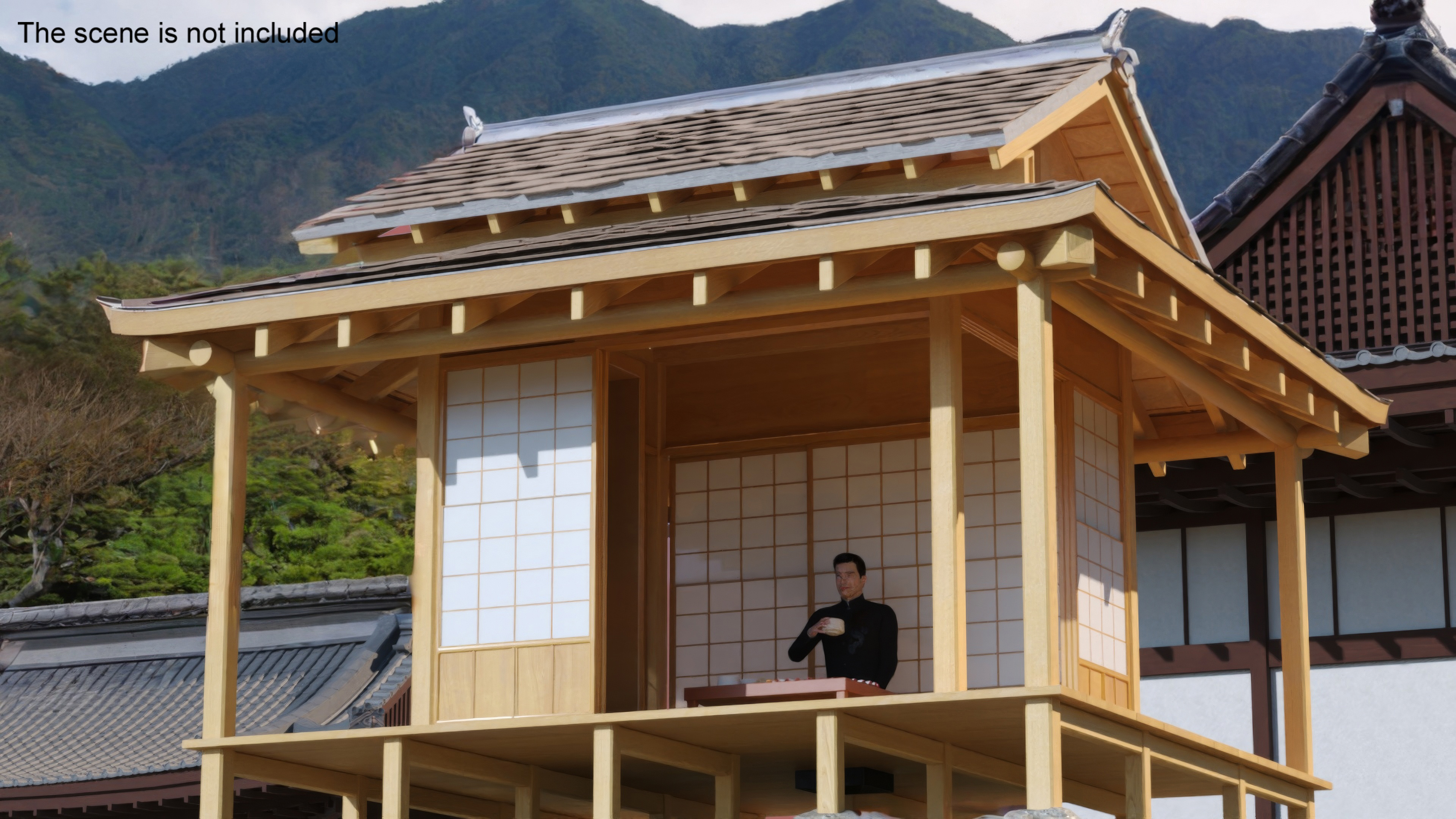 3D Japanese Man Having Tea in Traditional Tea House model