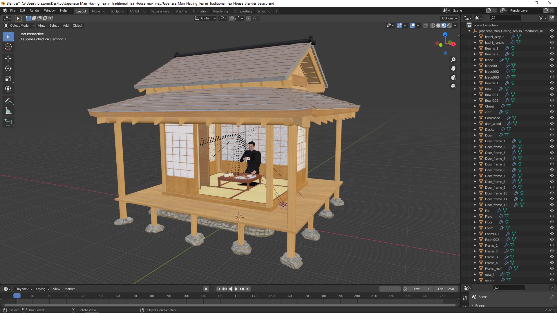 3D Japanese Man Having Tea in Traditional Tea House model