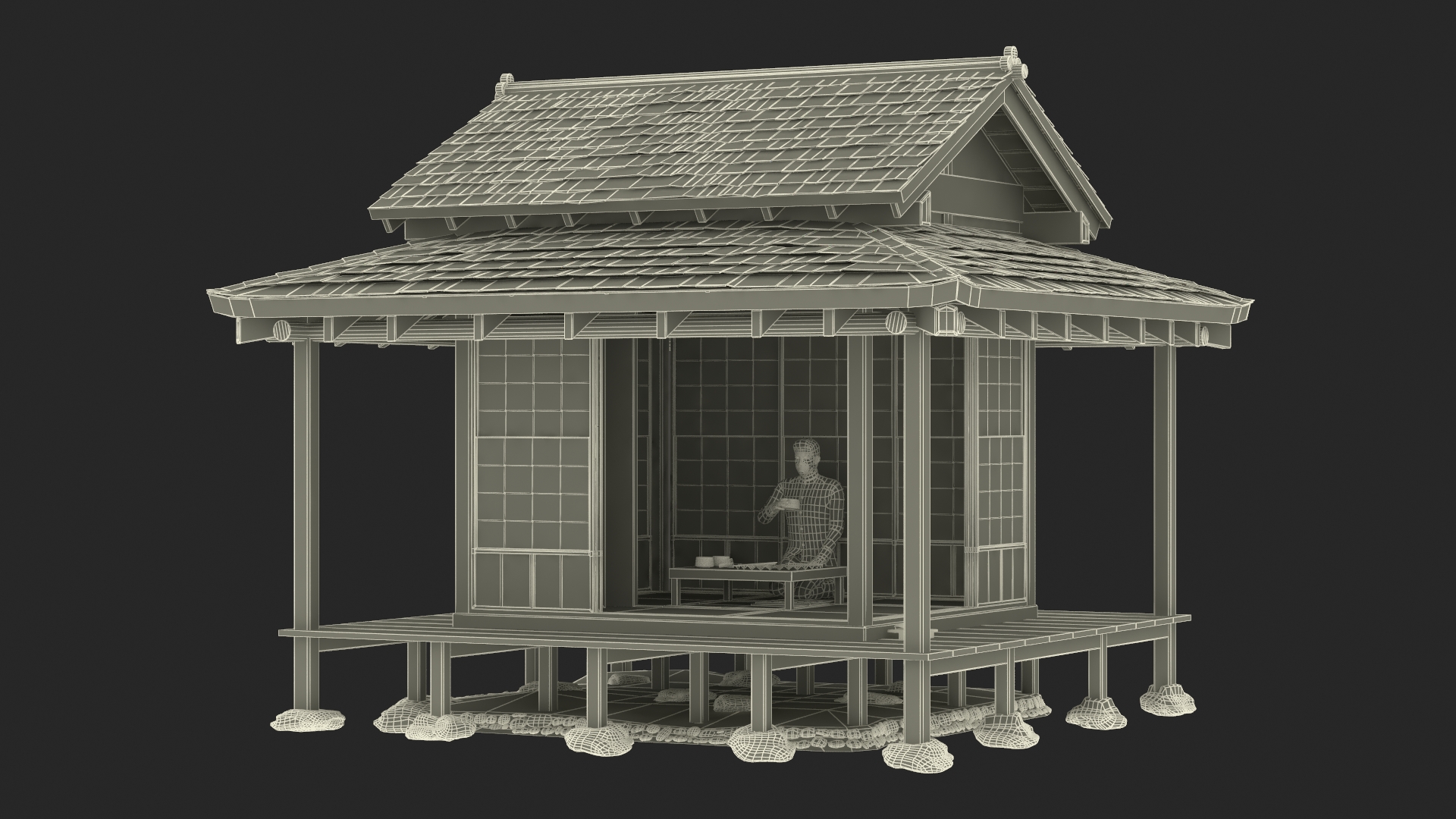3D Japanese Man Having Tea in Traditional Tea House model