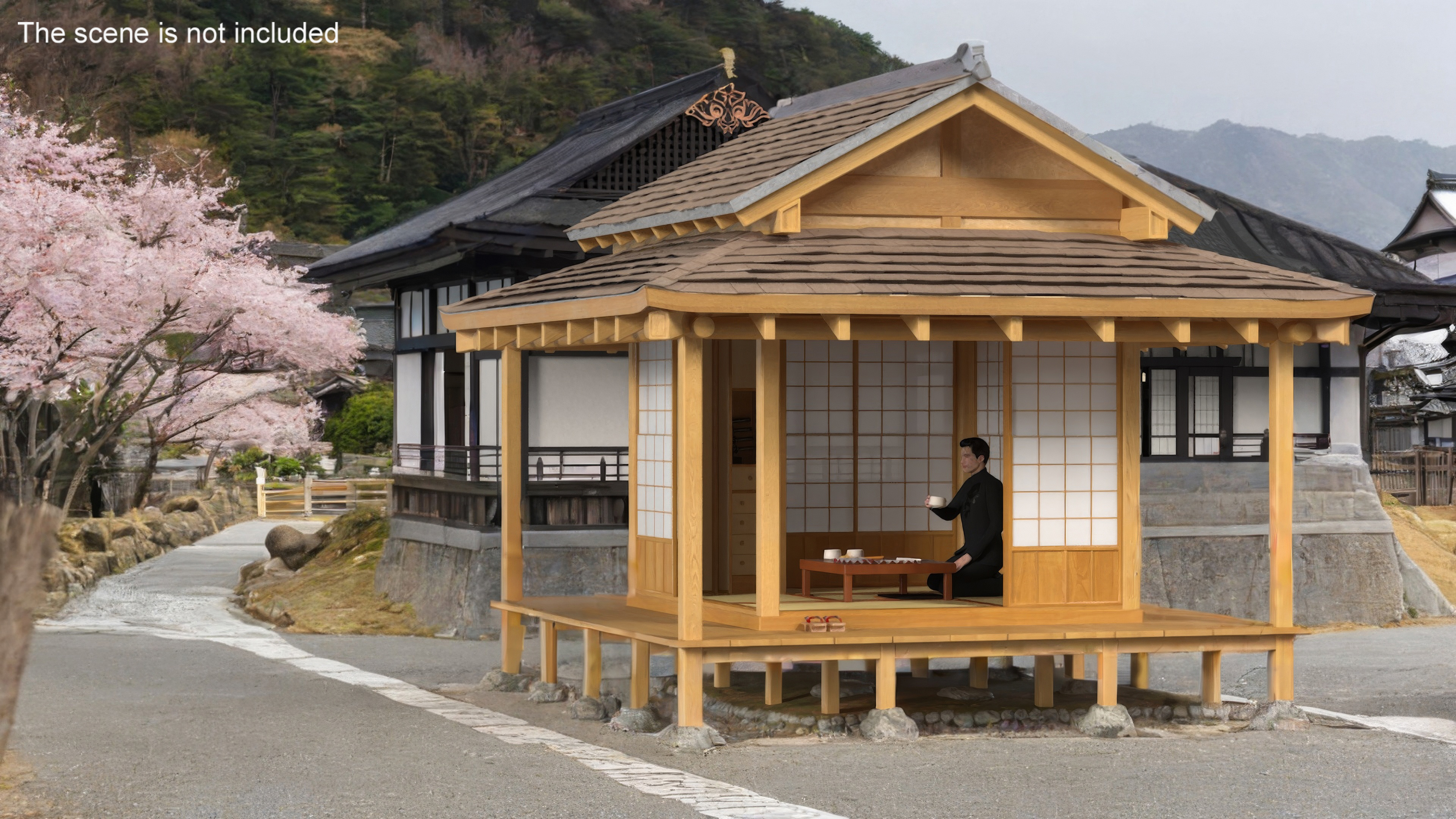 3D Japanese Man Having Tea in Traditional Tea House model