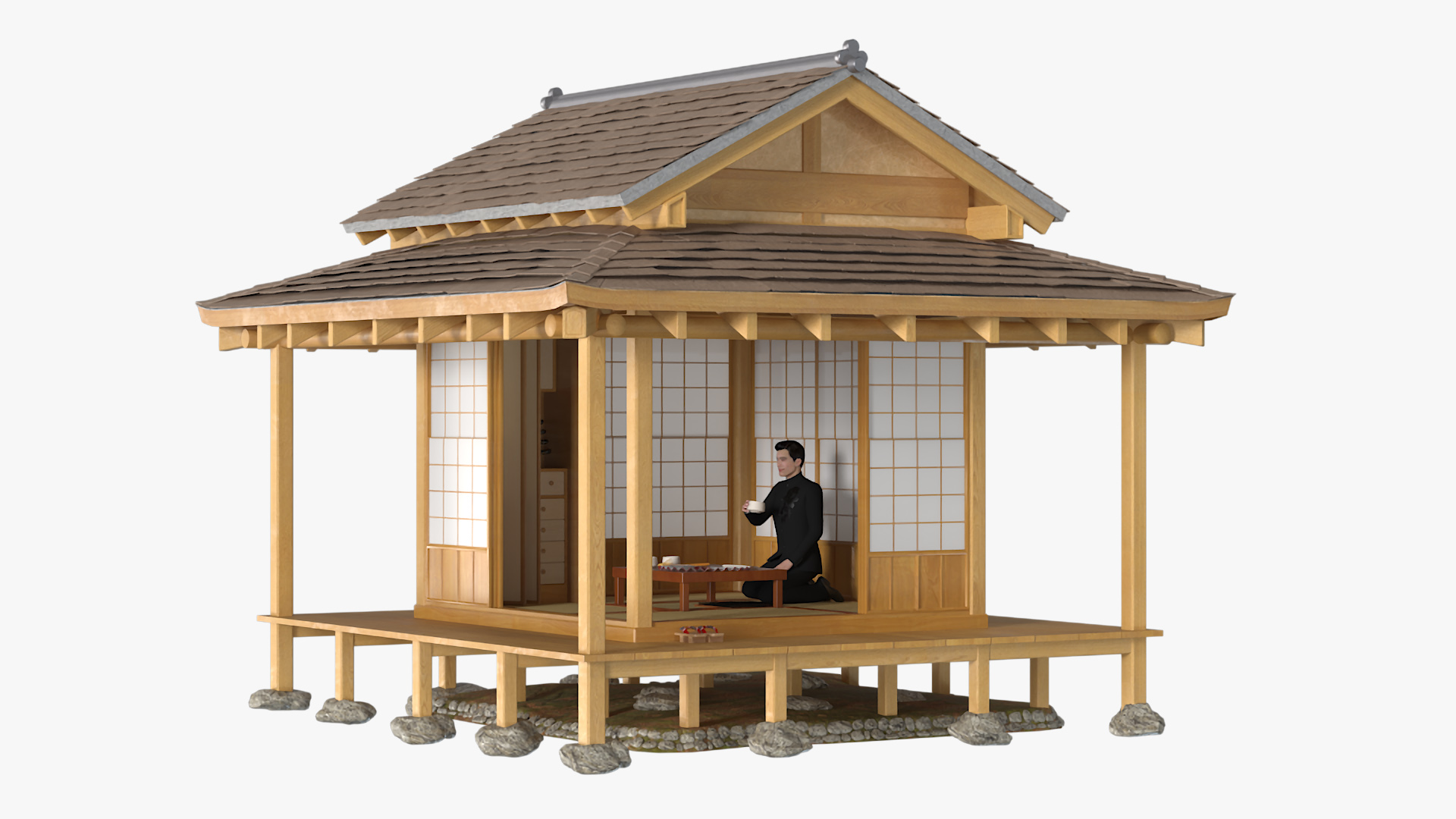 3D Japanese Man Having Tea in Traditional Tea House model