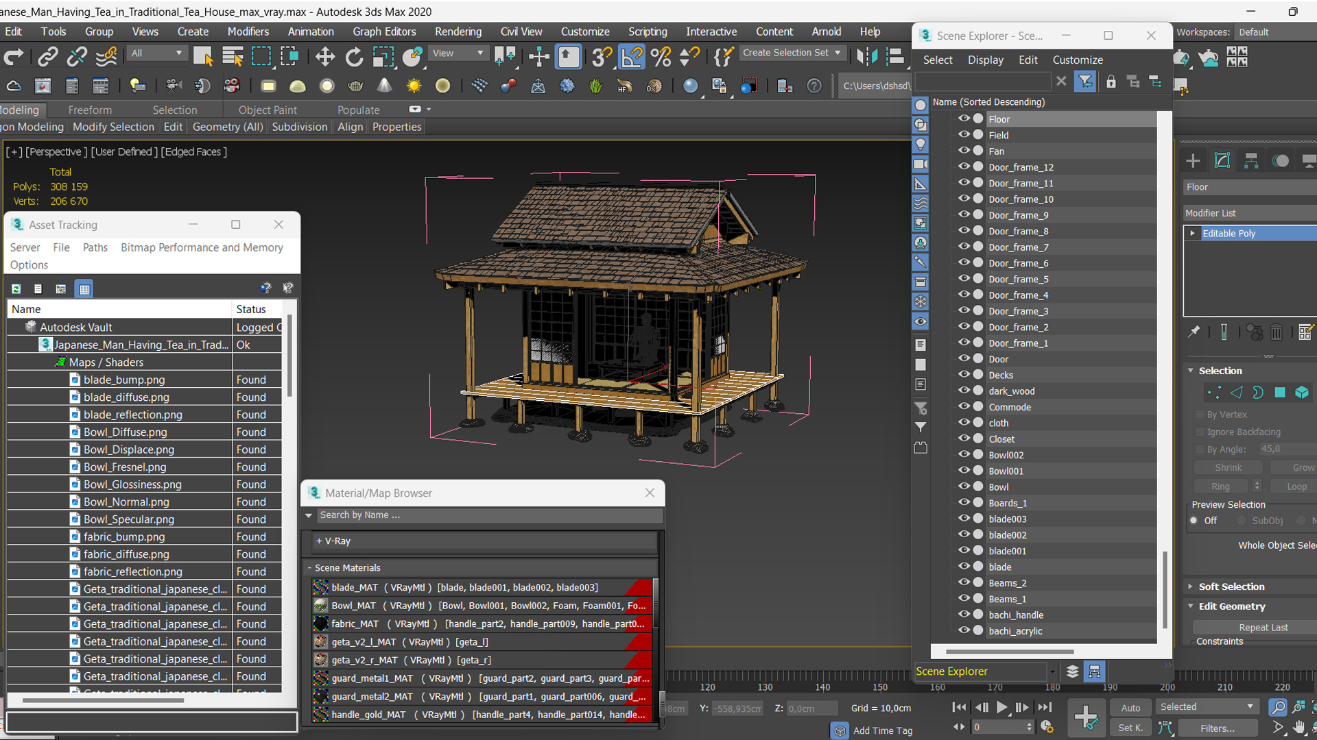 3D Japanese Man Having Tea in Traditional Tea House model