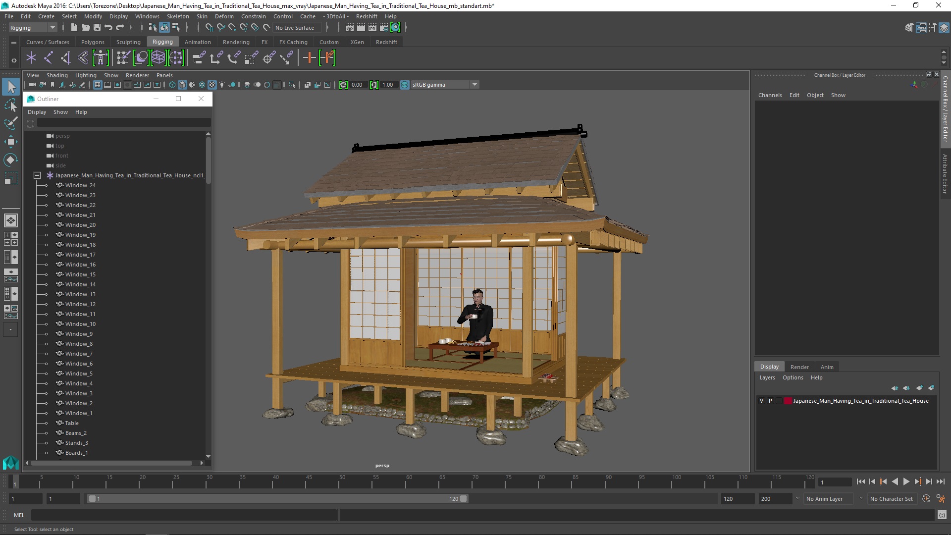 3D Japanese Man Having Tea in Traditional Tea House model