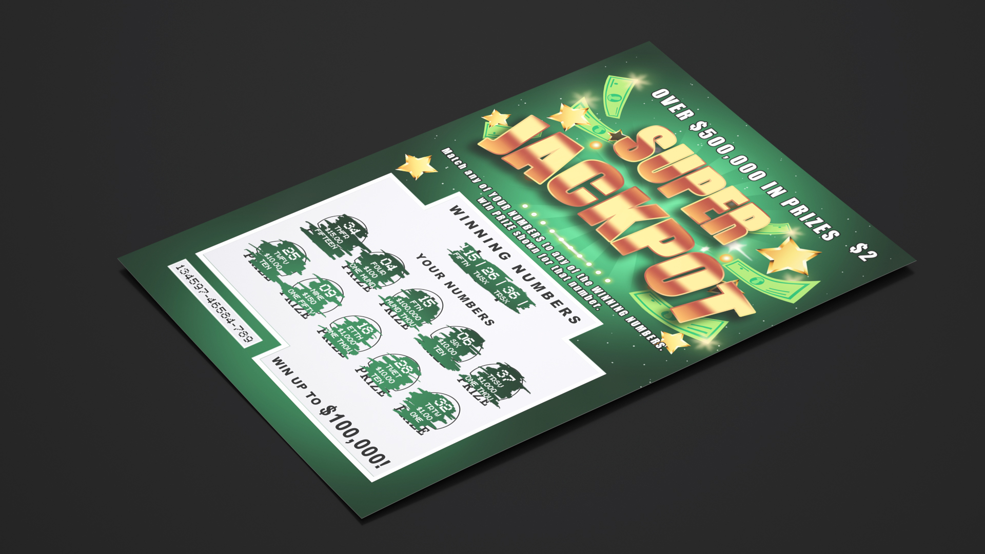 3D Super Jackpot Scratch Off Ticket with Erased Scratchcard