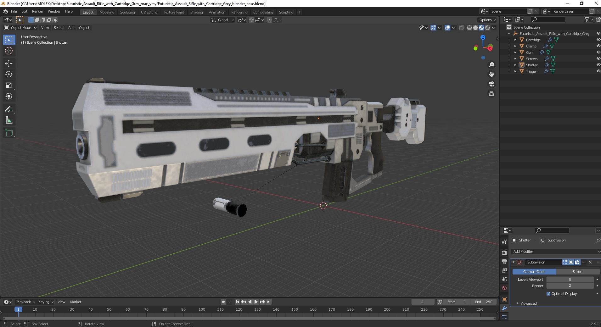 Futuristic Assault Rifle with Cartridge Grey 3D model
