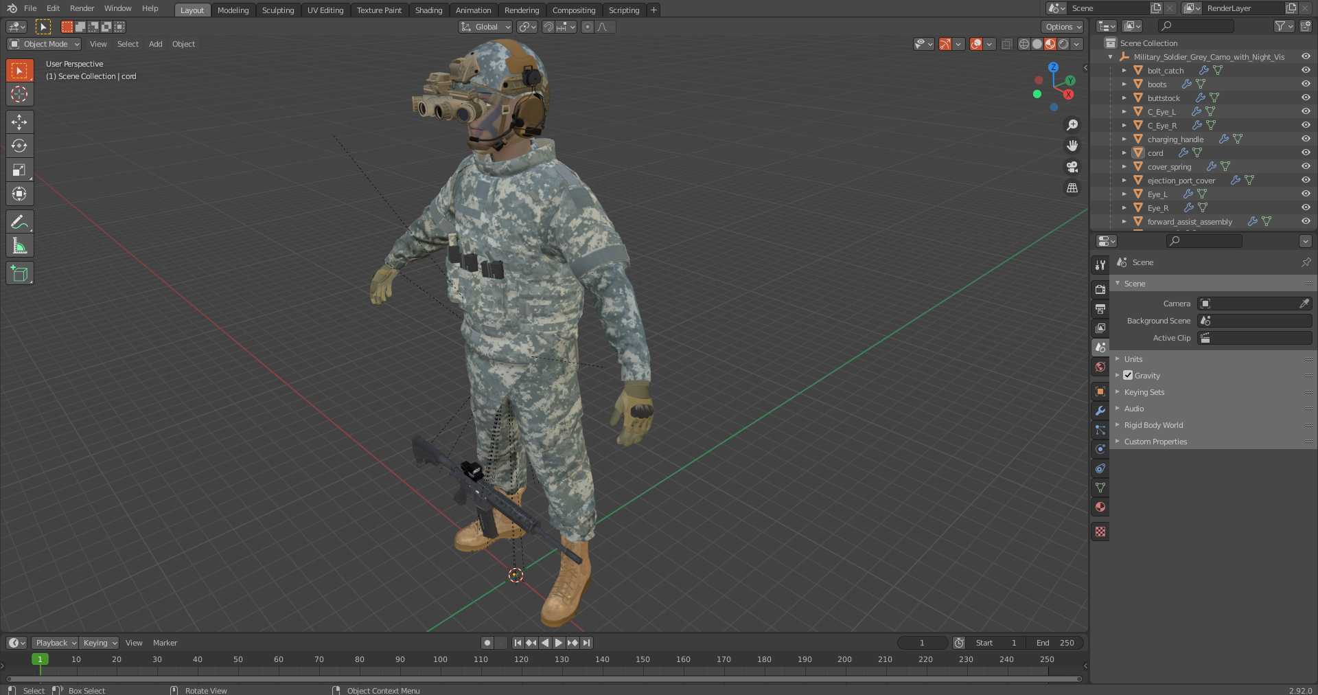 3D model Military Soldier Grey Camo with Night Visor A-pose