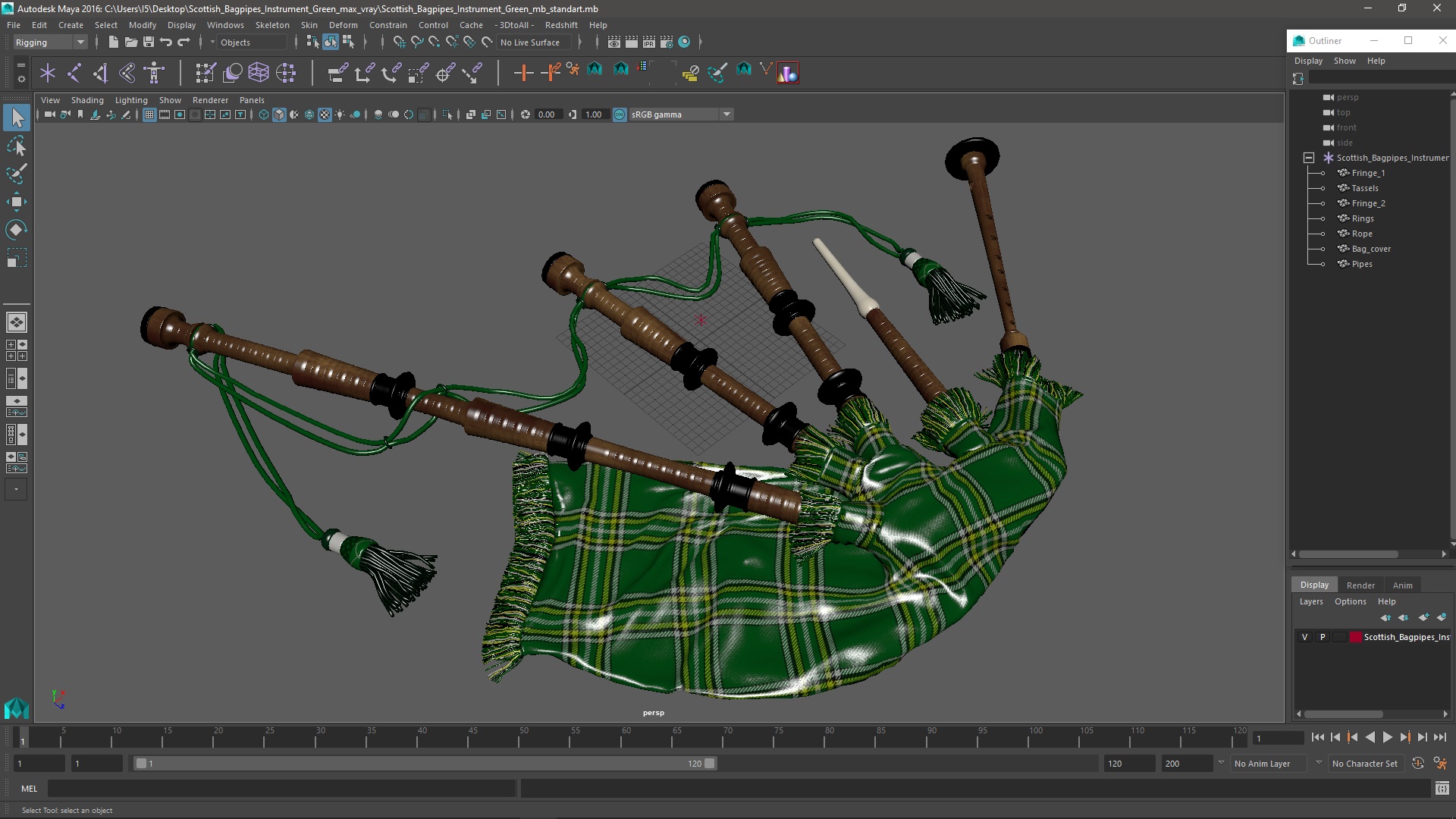 Scottish Bagpipes Instrument Green 3D model
