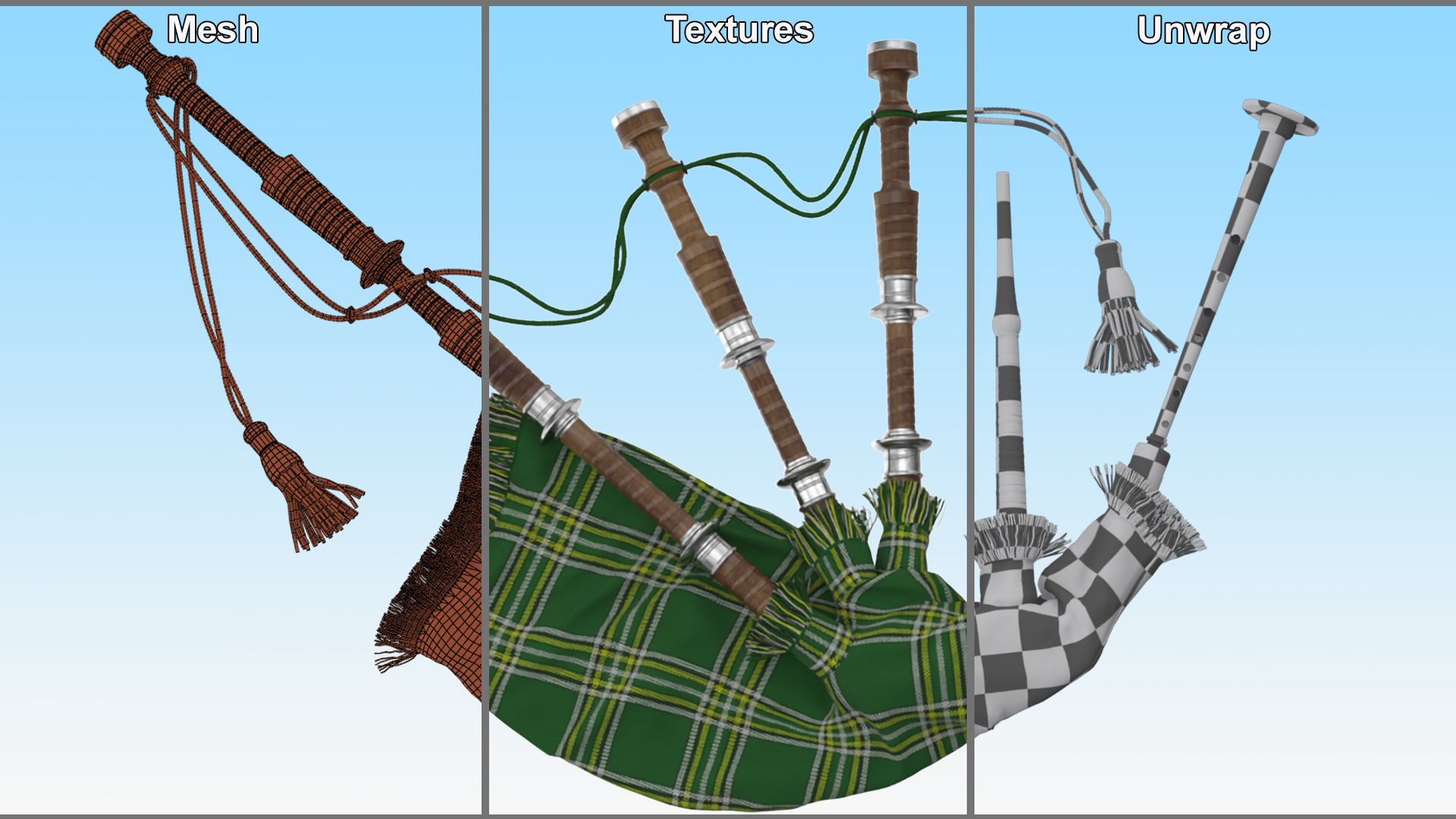 Scottish Bagpipes Instrument Green 3D model