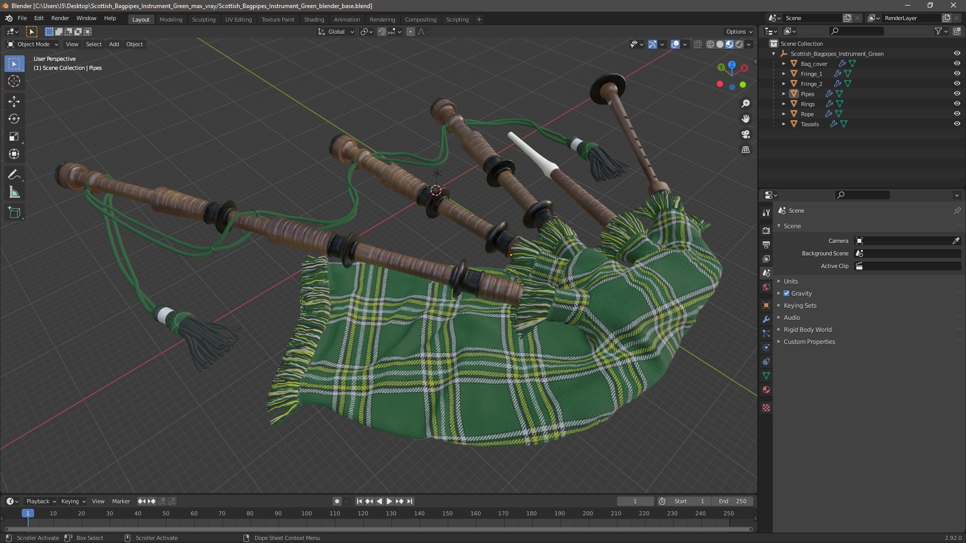 Scottish Bagpipes Instrument Green 3D model