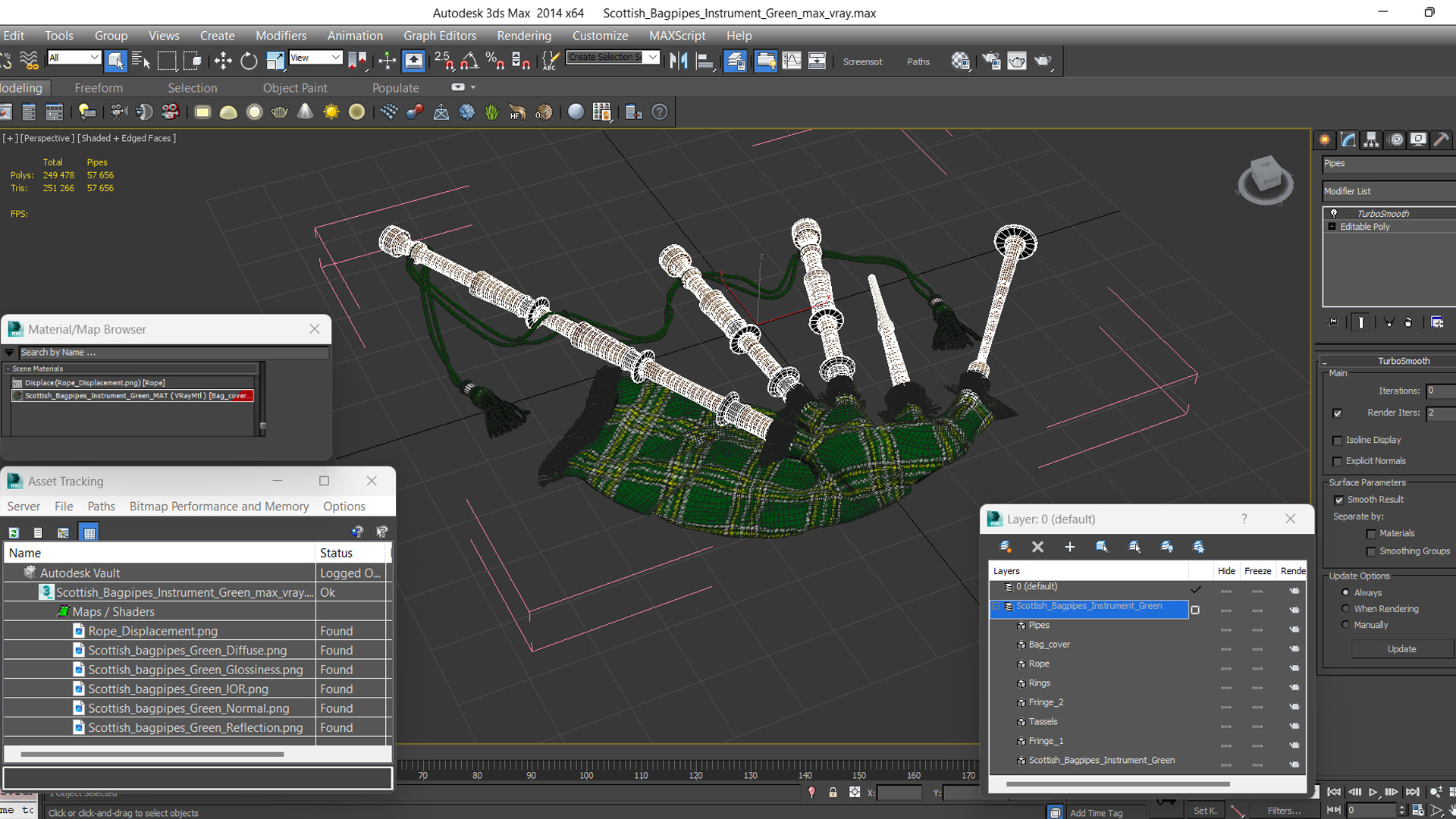 Scottish Bagpipes Instrument Green 3D model