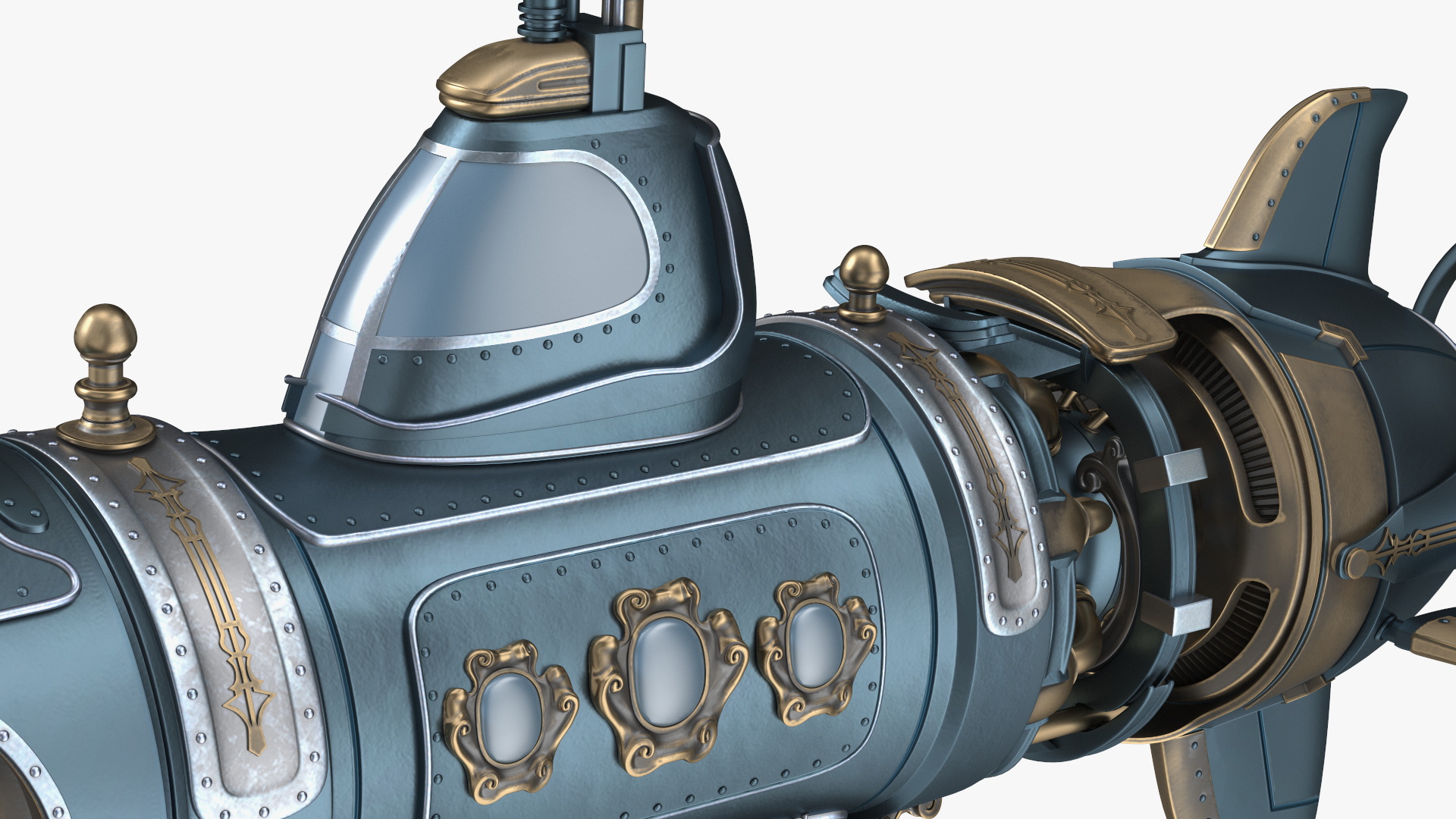 3D Steampunk Submarine Blue Rigged