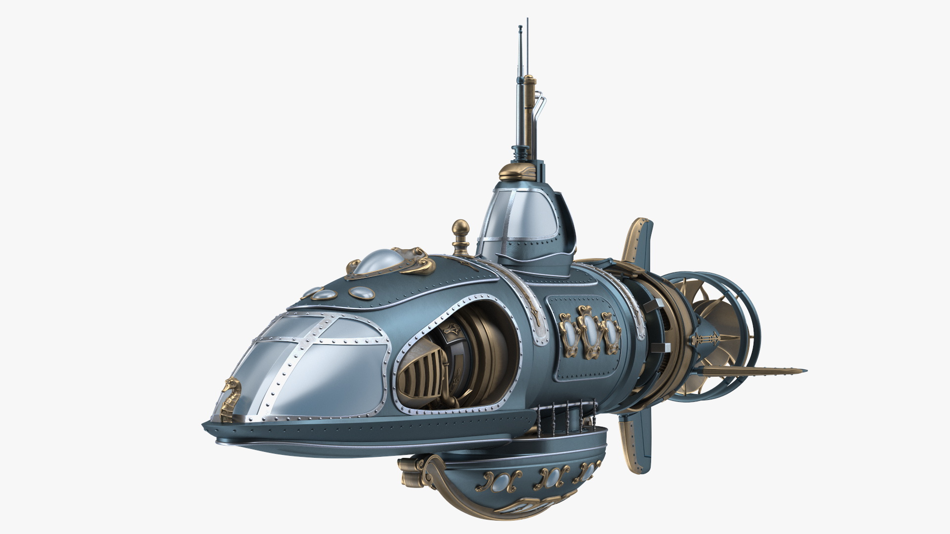 3D Steampunk Submarine Blue Rigged