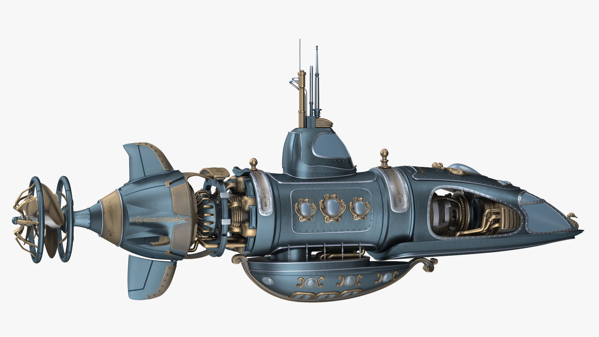 3D Steampunk Submarine Blue Rigged