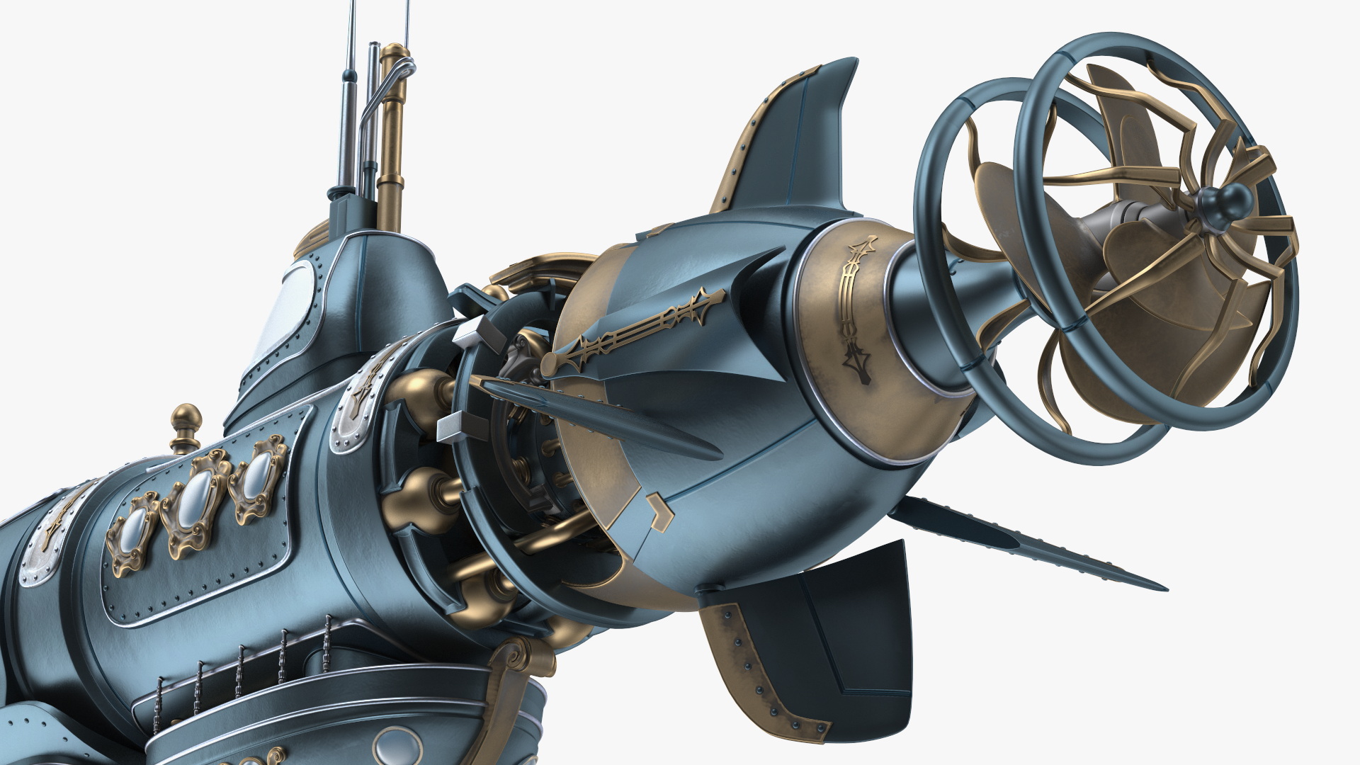 3D Steampunk Submarine Blue Rigged