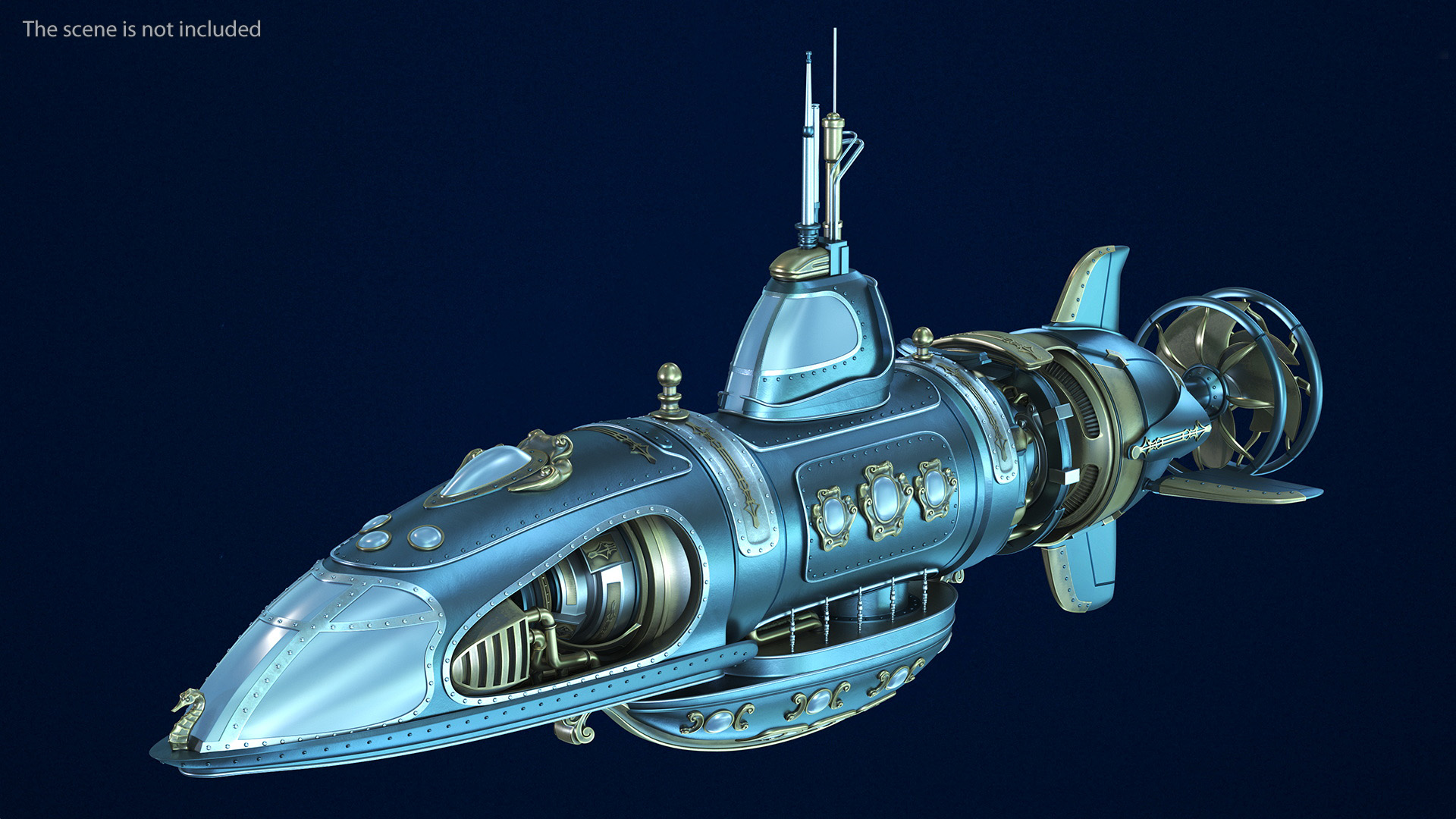 3D Steampunk Submarine Blue Rigged