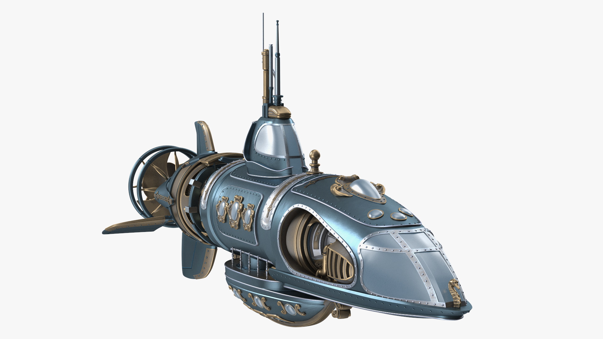 3D Steampunk Submarine Blue Rigged