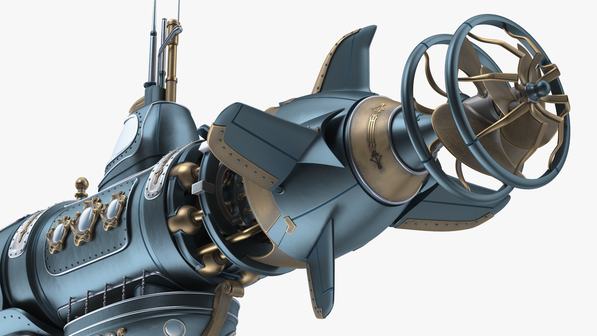 3D Steampunk Submarine Blue Rigged