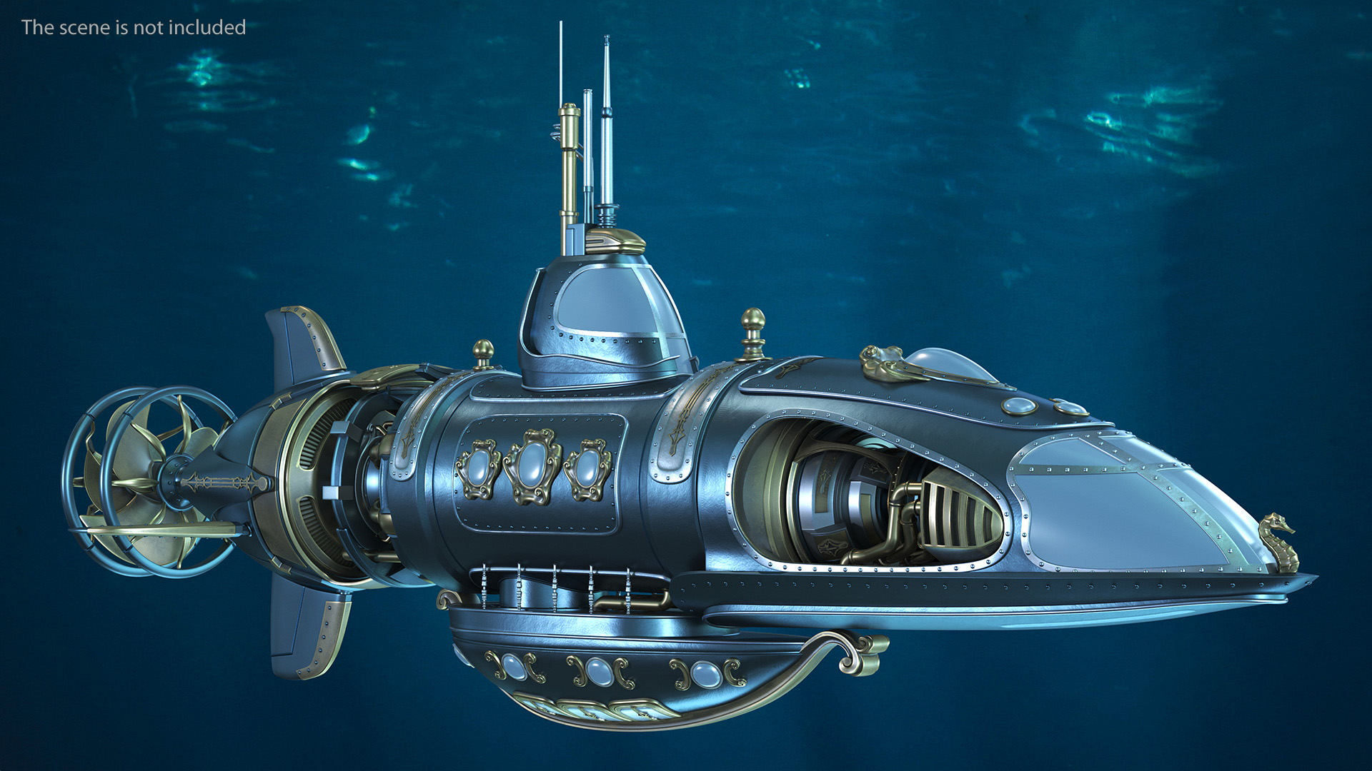 3D Steampunk Submarine Blue Rigged