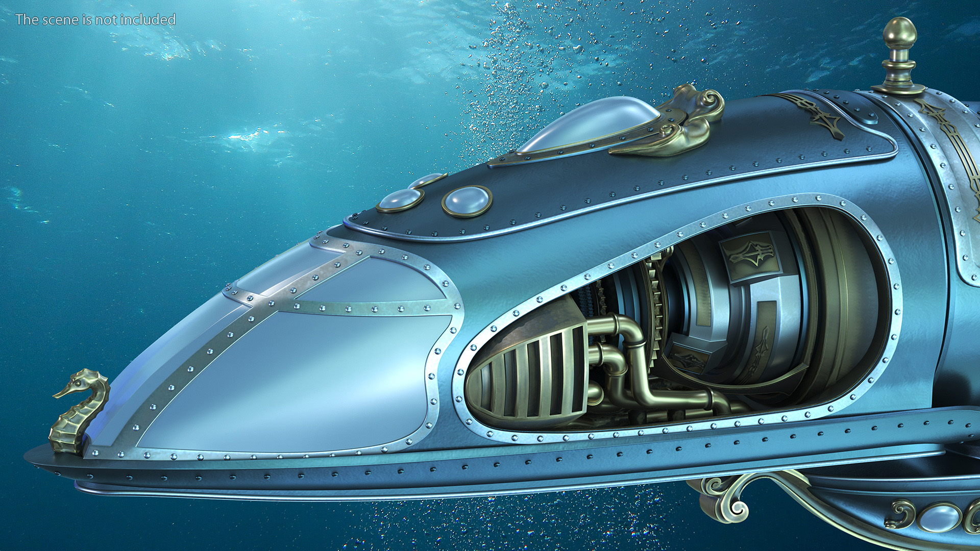 3D Steampunk Submarine Blue Rigged