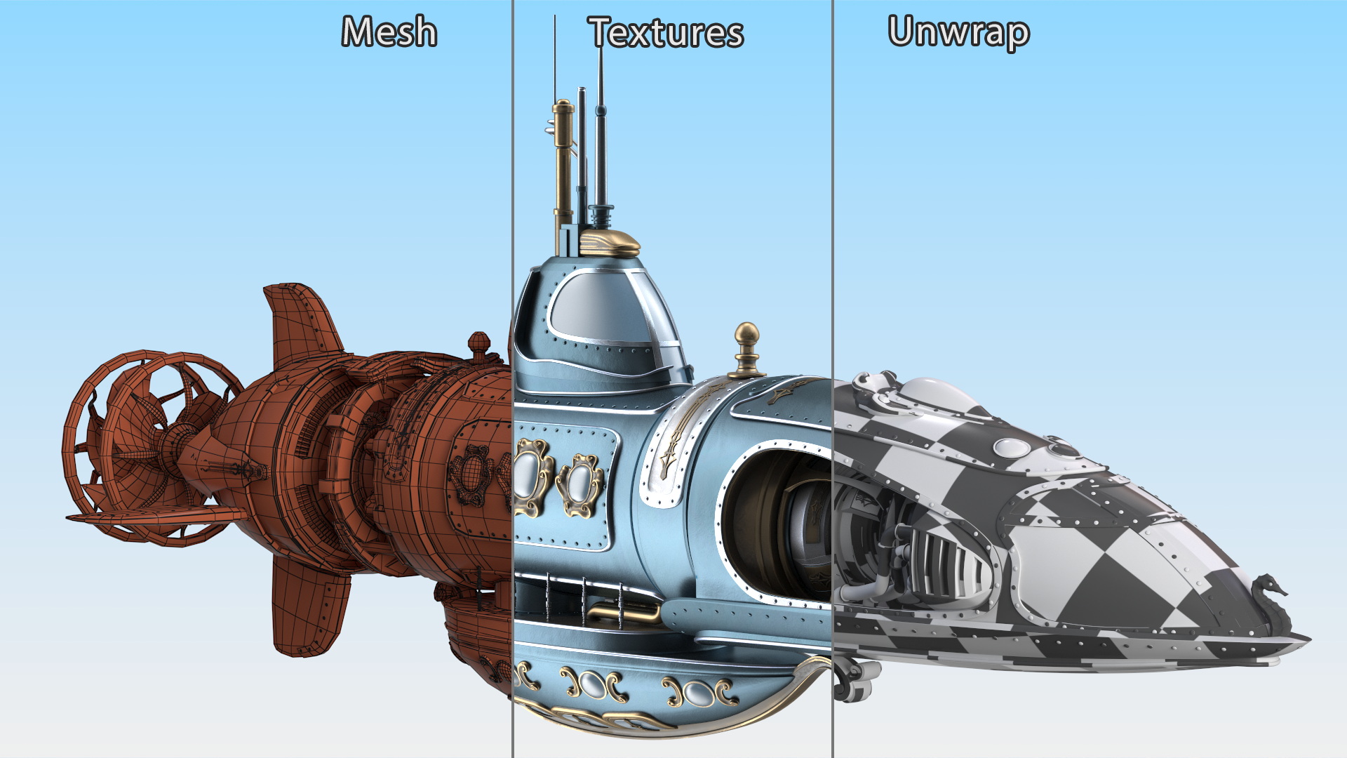3D Steampunk Submarine Blue Rigged