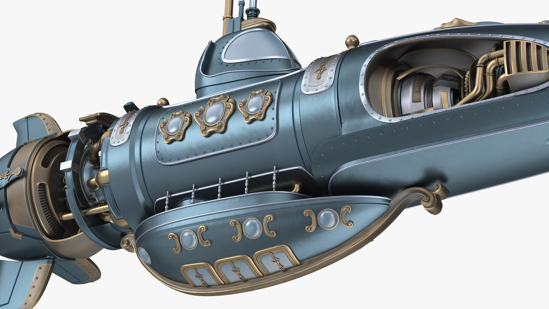 3D Steampunk Submarine Blue Rigged