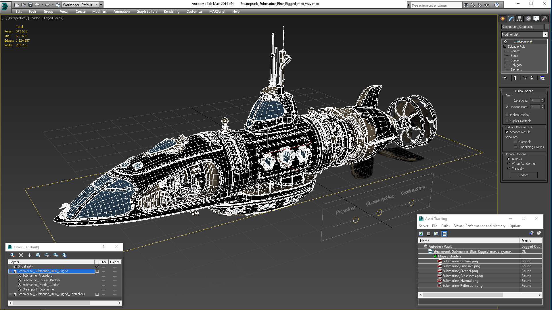 3D Steampunk Submarine Blue Rigged