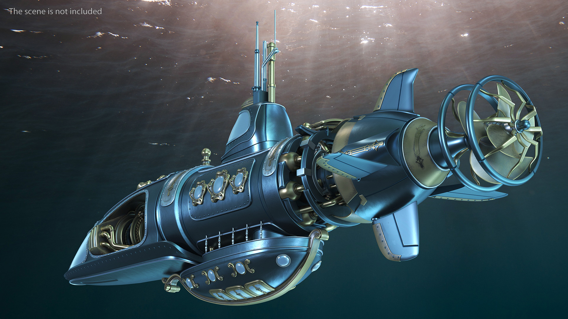 3D Steampunk Submarine Blue Rigged